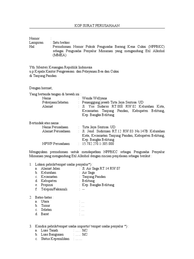 Surat permohonan nppbkc