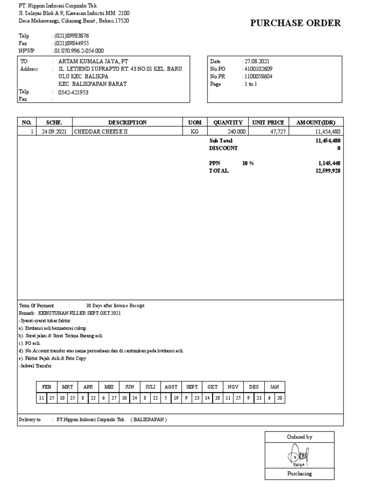 Purchase Order for Cheddar Cheese | PDF