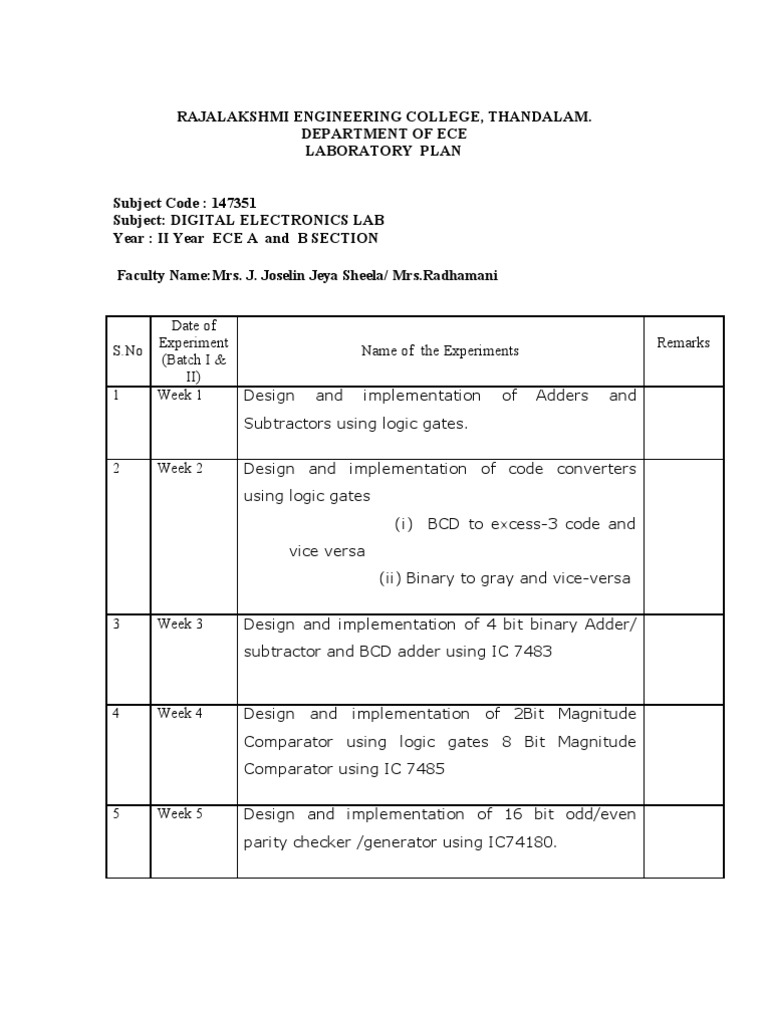 Digital Electronics Lab Plan ECE 2nd Year | PDF