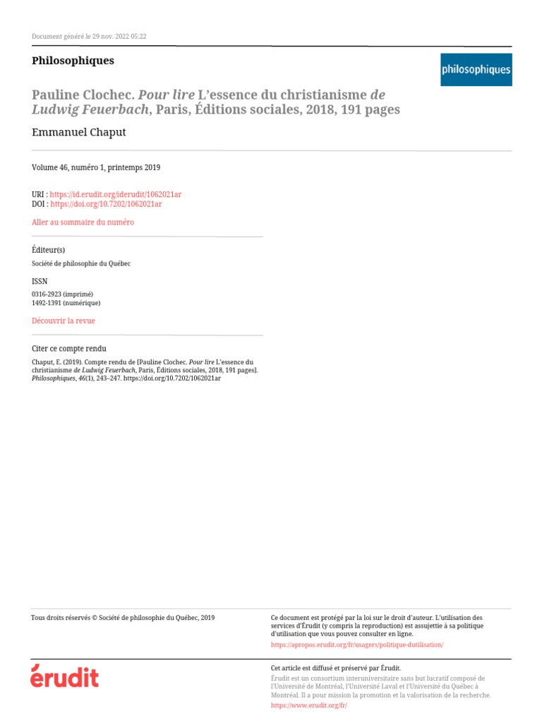 Ludwig Feuerbach, Paris, Éditions Sociales, 2018, 191 Pages: Pauline ...