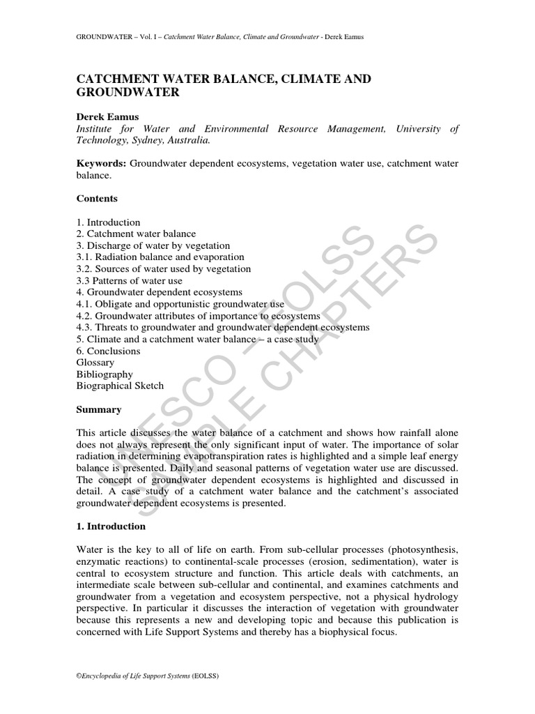 Catchment Water Balance, Climate and GW PDF Water Stoma