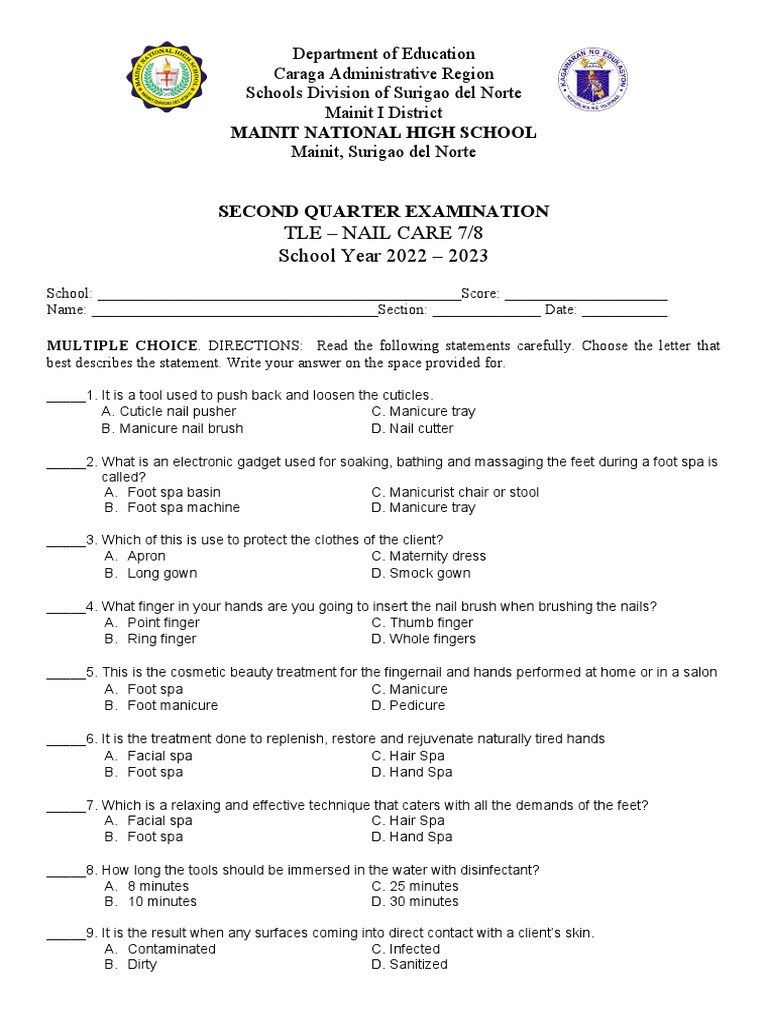 Second Quarter Examination Nail Care 7 8 PDF Nail (Anatomy) Skin