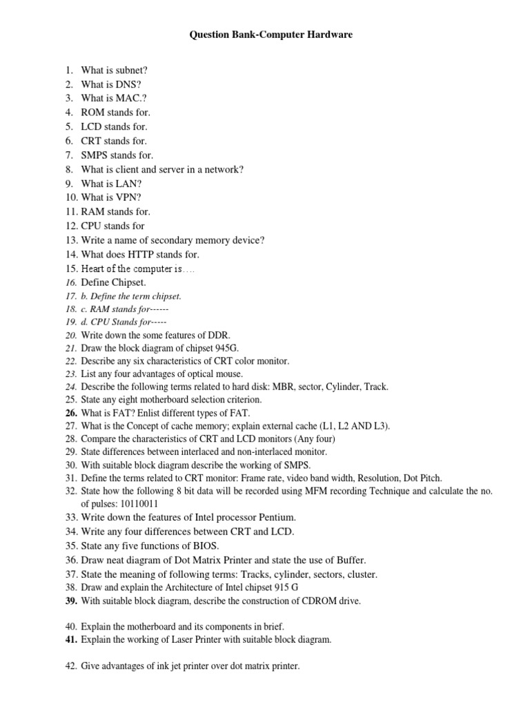 A Comprehensive Question Bank on Key Computer Hardware Concepts PDF
