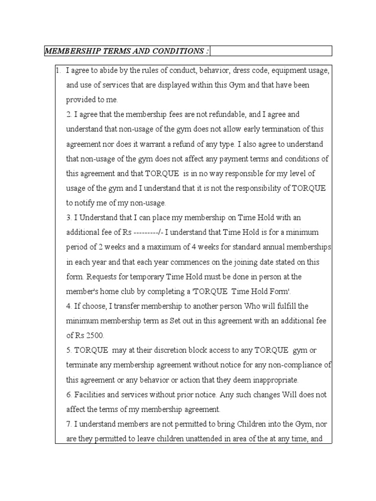 Private Condominium Club Membership Terms