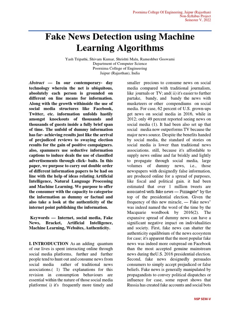 Fake News Detection Using Machine (Review Paper) | PDF