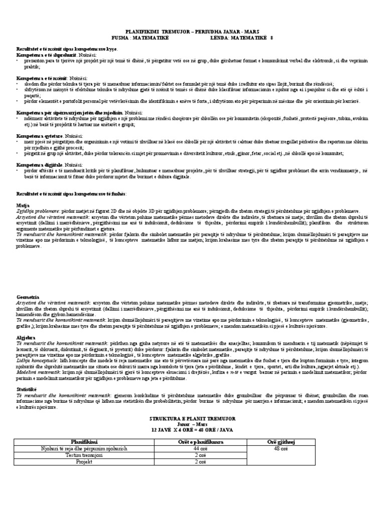Plani KL 8 Tremujori 2 | PDF