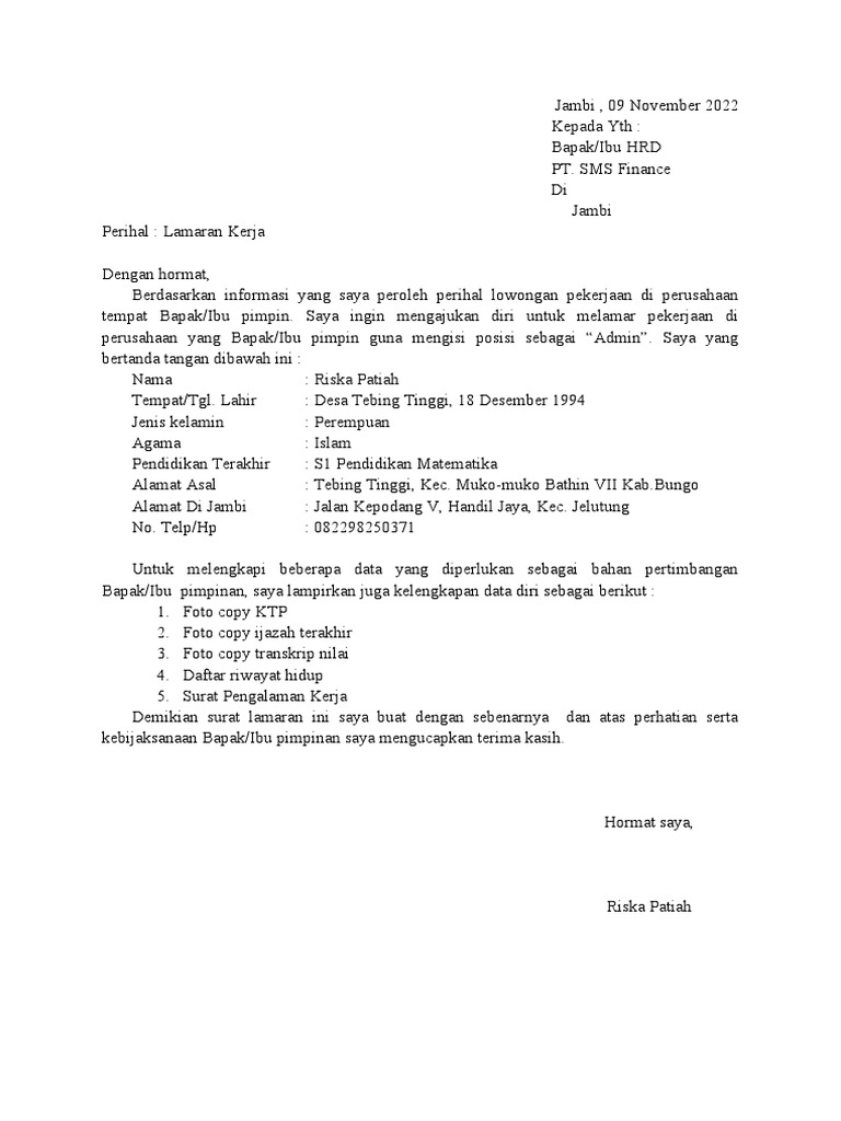 Lamaran Kerja Admin PT SMS Finance | PDF