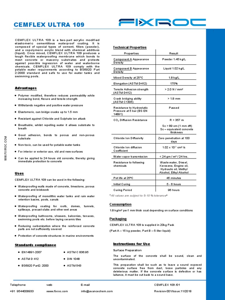 CEMFLEX ULTRA 109 Waterproofing Guide | PDF | Concrete | Water