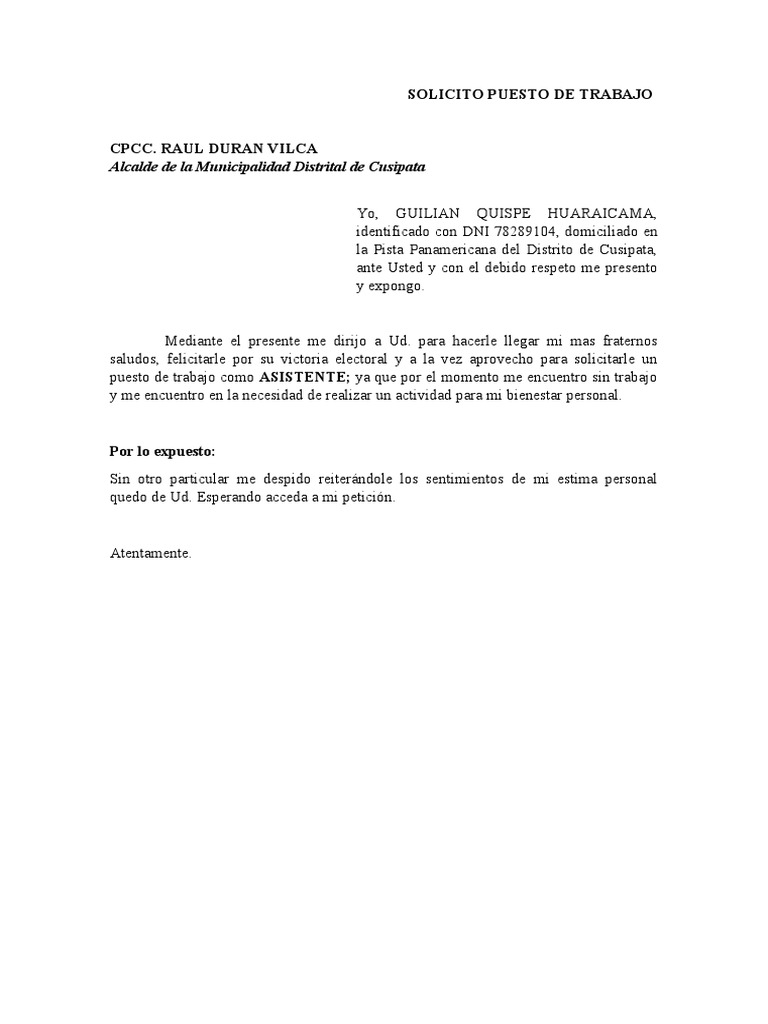 Solicito Puesto de Trabajo | PDF