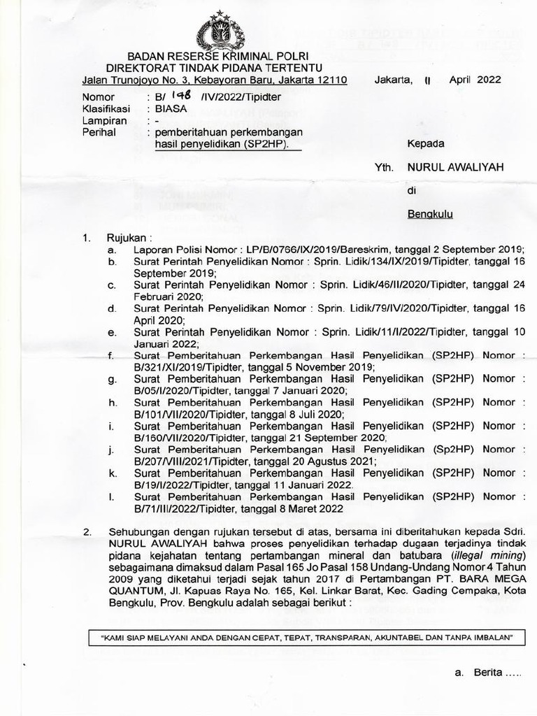 Surat Pemberitahuan Perkembangan Hasil Penyelidikan (SP2HP) | PDF