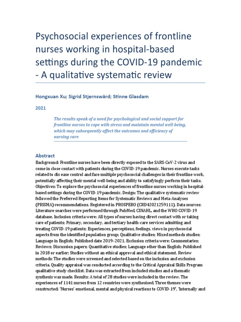 Psychosocial Experiences Of Frontline Nurses Working In Hospital Based