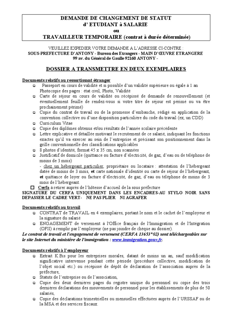 Changement Statut Etudiant Salarie Travail Salaires problème de contrat