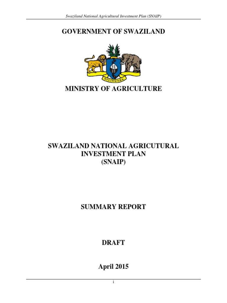 Swaziland National Agriculture Investment Plan Snaip PDF