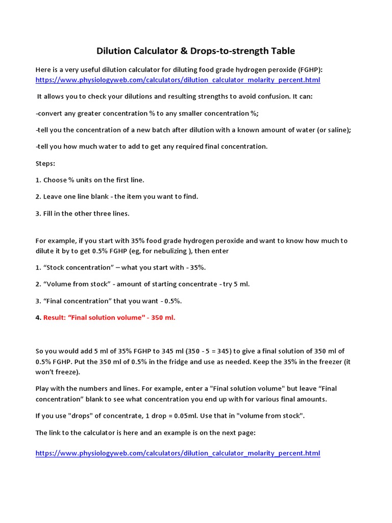Dilution Calculator Hydrogen Peroxide PDF Concentration Hydrogen Peroxide