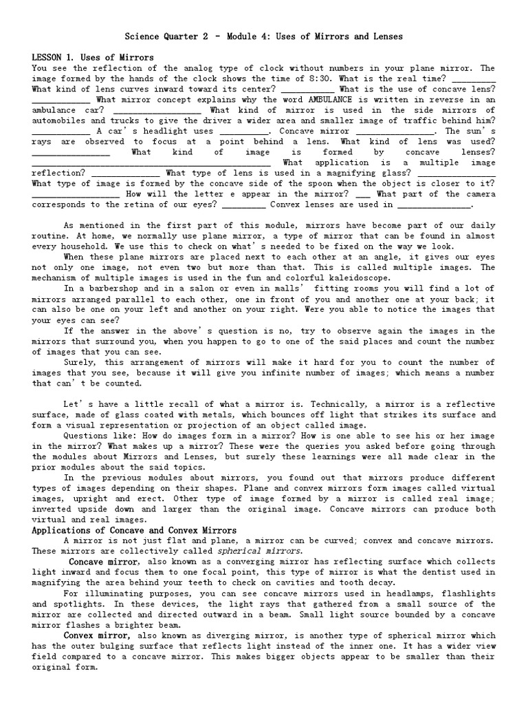 Science 10 Quarter 2 Module 4 Uses of Mirrors and Lenses (REVIEWER