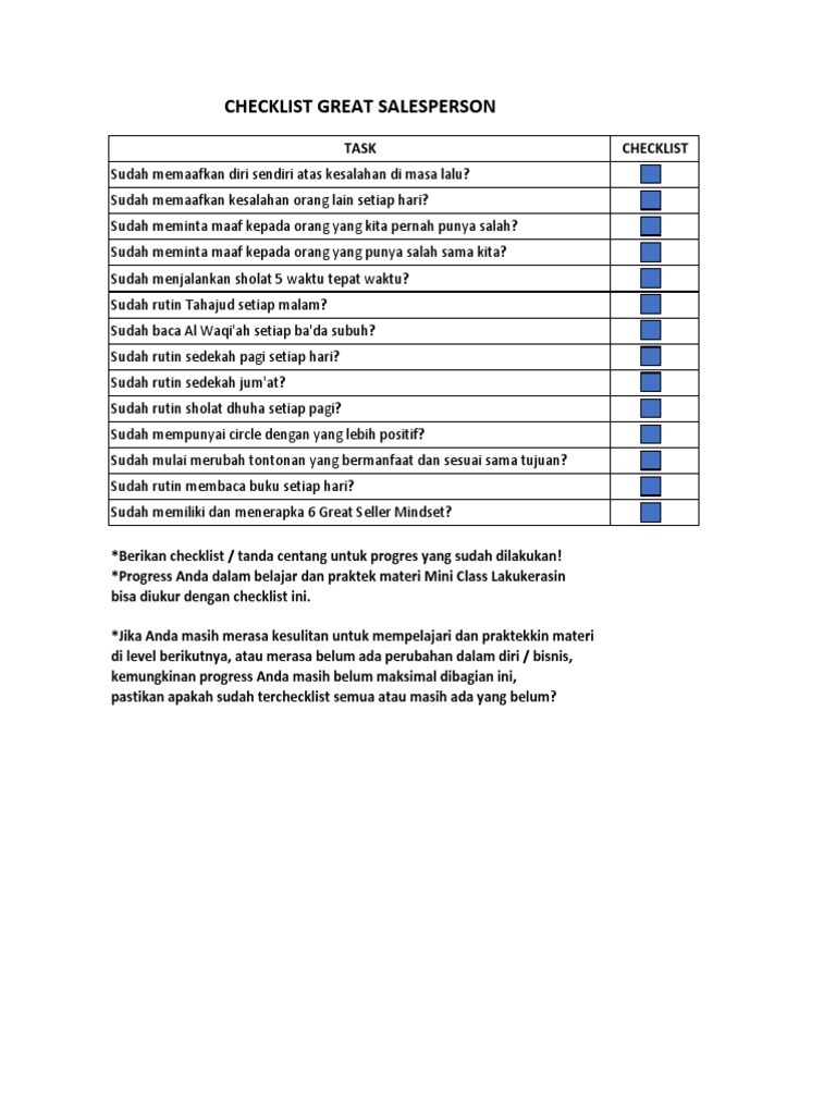Checklist Sukses untuk Salesperson | PDF | Karier & Perkembangan
