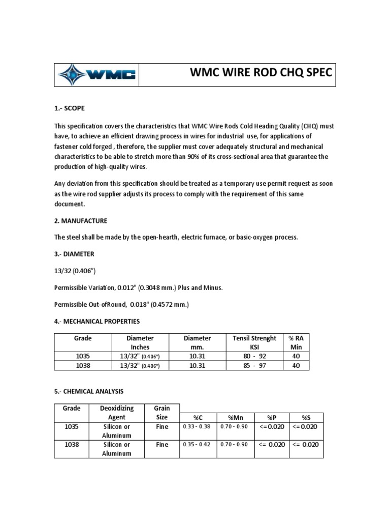 WMC Wire Rod CHQ Spec Guide PDF Steel Industrial Processes