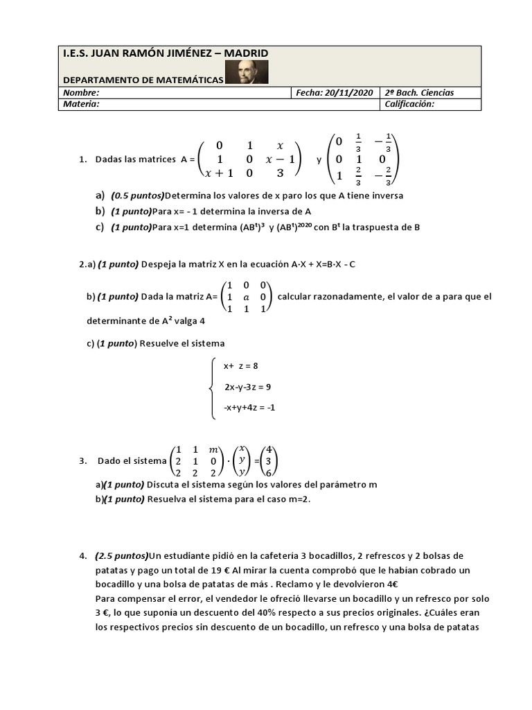 Examen Matrices Determinantes y Sistemas Final Primera Evaluacion | PDF