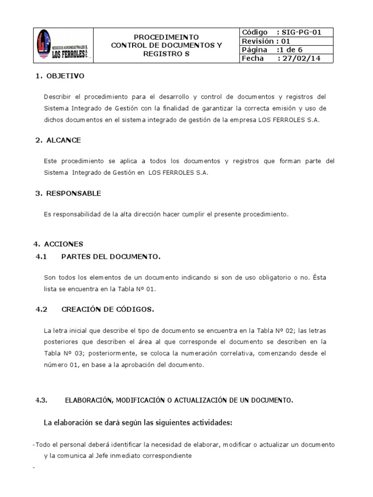 Sig Pg 01 Procedimiento De Control De Documentos Y Registros Pdf