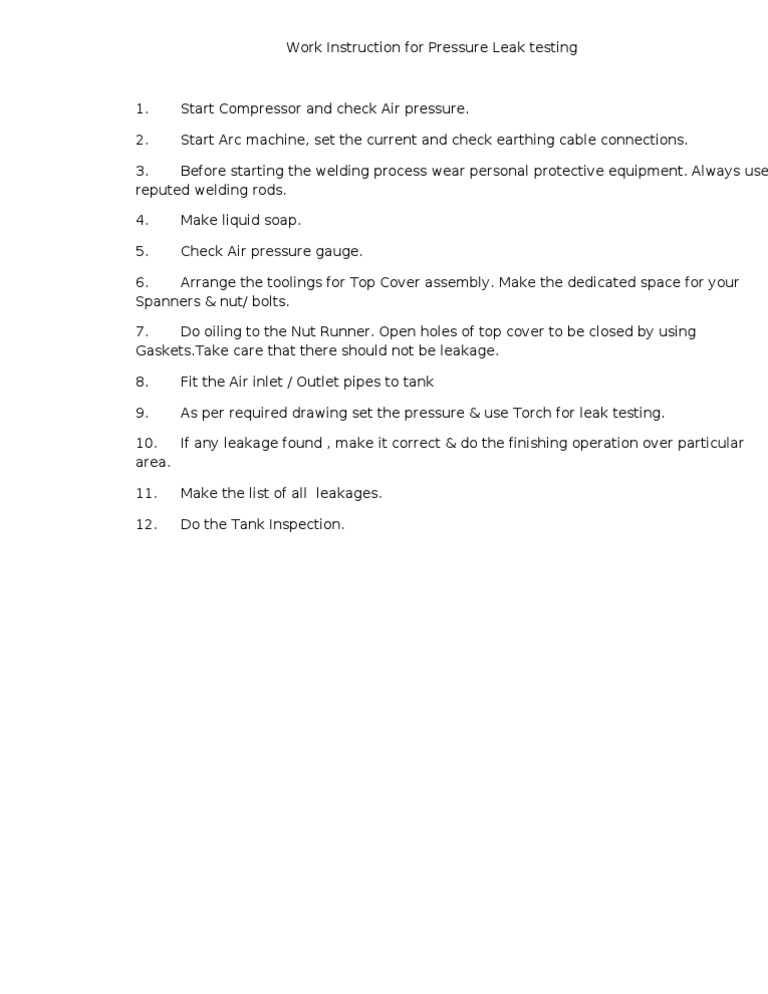 Pressure Leak Testing Work Instruction | PDF | Technology & Engineering
