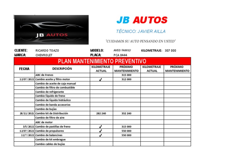 Mantenimiento Preventivo Jb Autos.xlsx - Chevrolet Aveo Family Sr ...