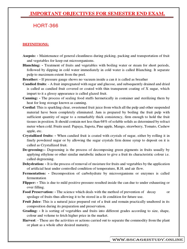 Hort 366 Objective Questions PDF Food Preservation Fruit Preserves