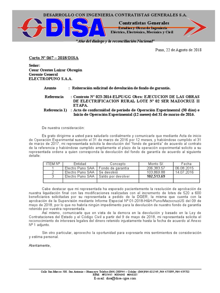 Carta Solicitud de Devolucion Fondo 67 | PDF