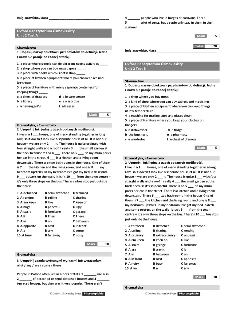 Oxford Ósmoklasisty Unit 2 Test | PDF | Bedroom | Home Economics