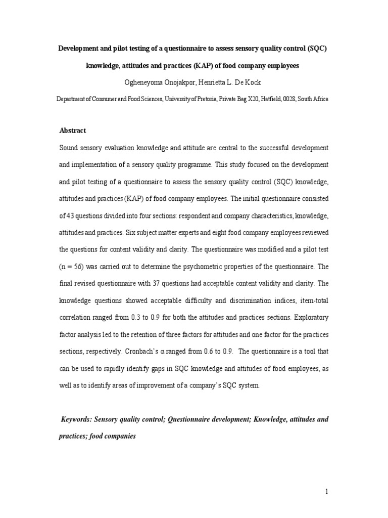Development and Pilot Testing of A Questionnaire To Assess Sensory ...