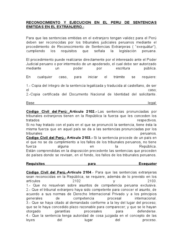 Reconocimiento y Ejecucion en El Peru de Sentencias Emitidas en El