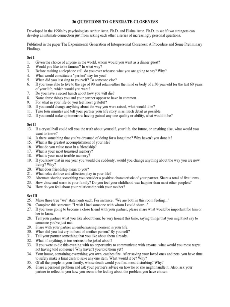 36 Questions for Building Closeness | PDF | Friendship