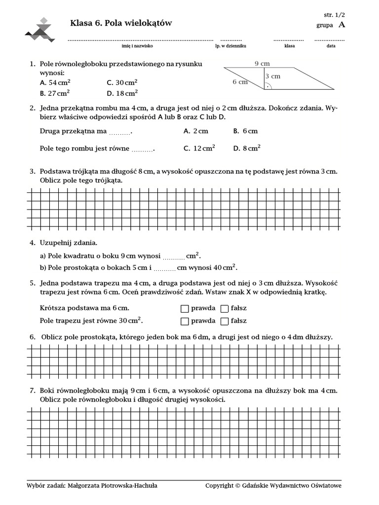Sprawdzian Pola Figur Klasa 6 kl.6 Pola Figur Questions | PDF