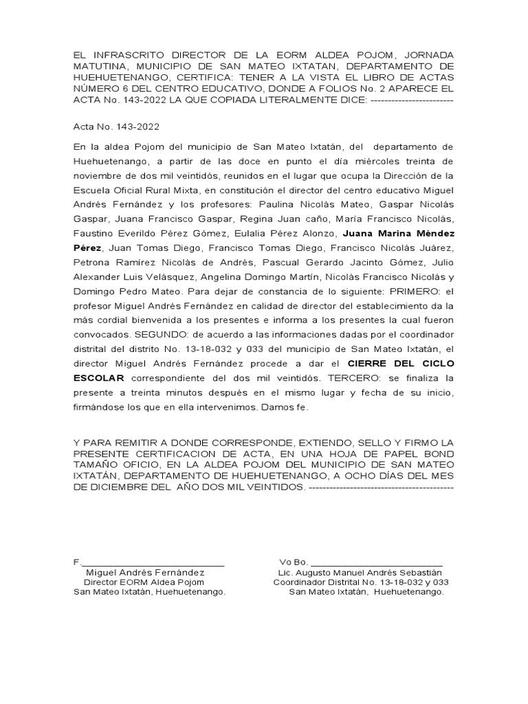 Actas de Inicio y Cierre Escolar 2022 | PDF