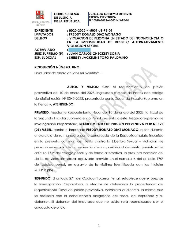 Fiscalía pide prisión preventiva para congresista Freddy Díaz