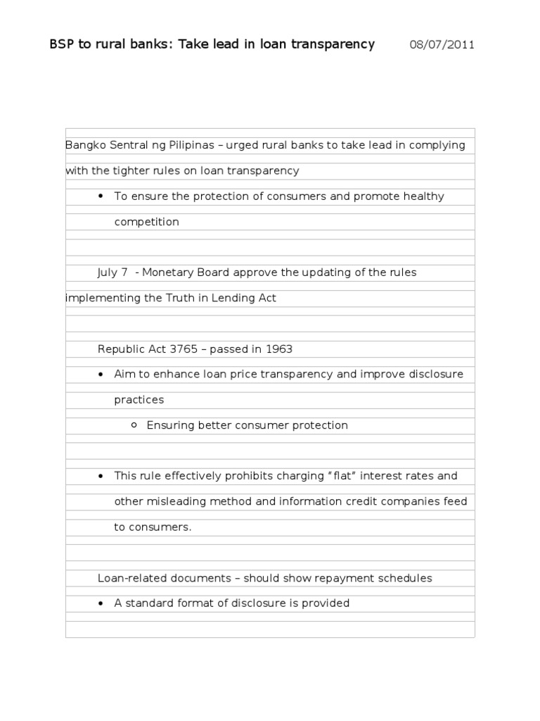 Loan Transparency Rules for Rural Banks | PDF