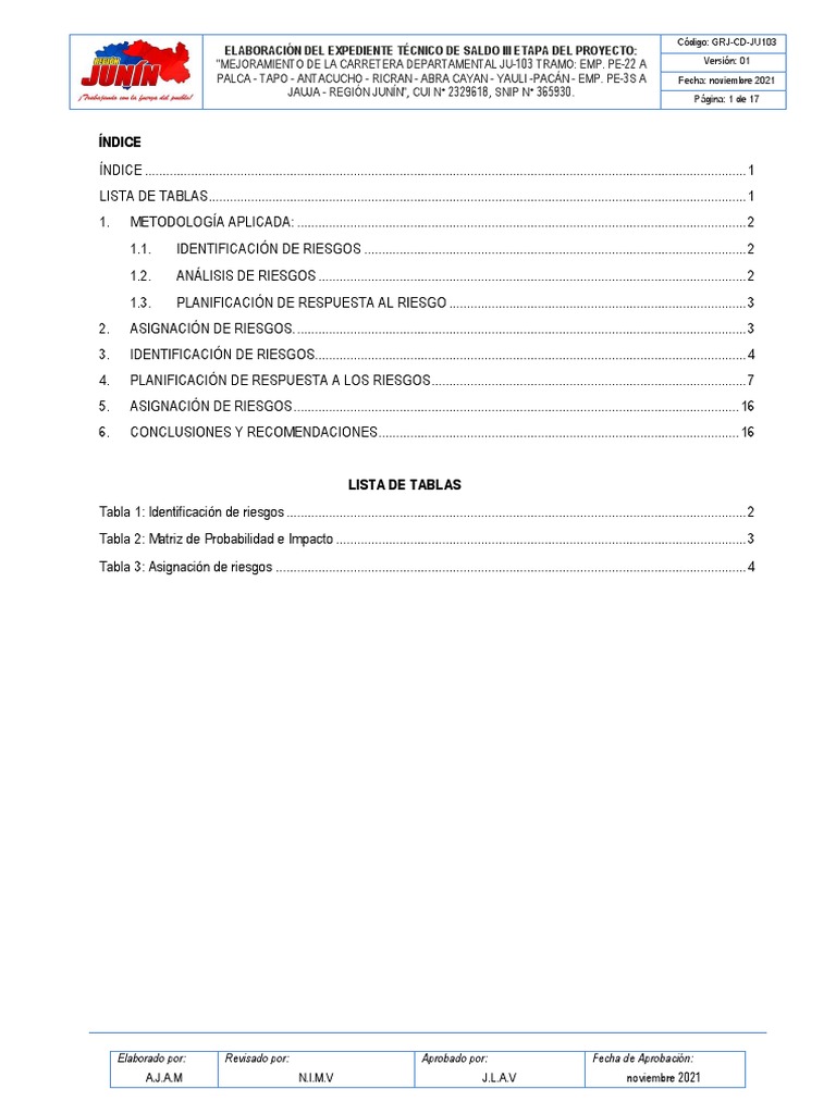 Gestión de Riesgos en Carretera JU-103 | PDF | Riesgo | Planificación
