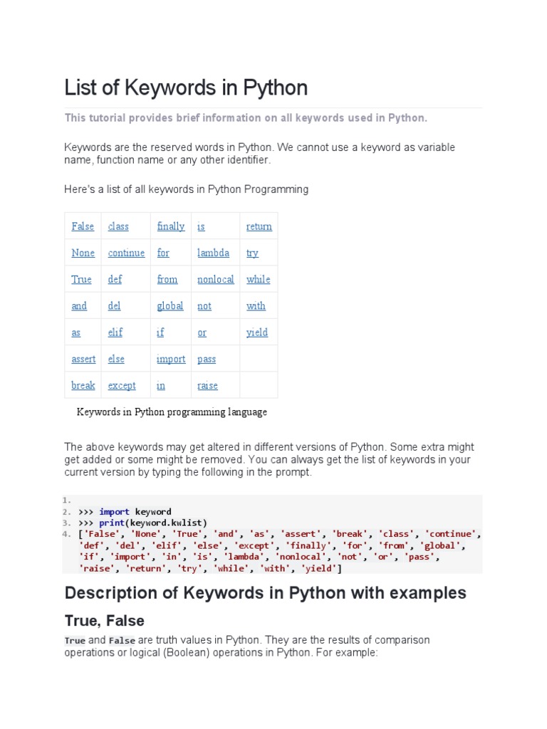 List of Keywords in Python | PDF | Control Flow | Anonymous Function
