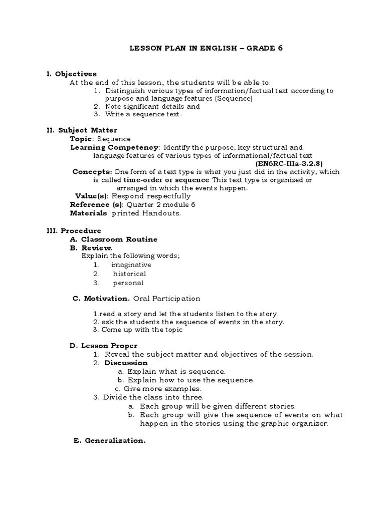 Grade 6 English Lesson Plan: Sequence | PDF | Lesson Plan | Behavior ...