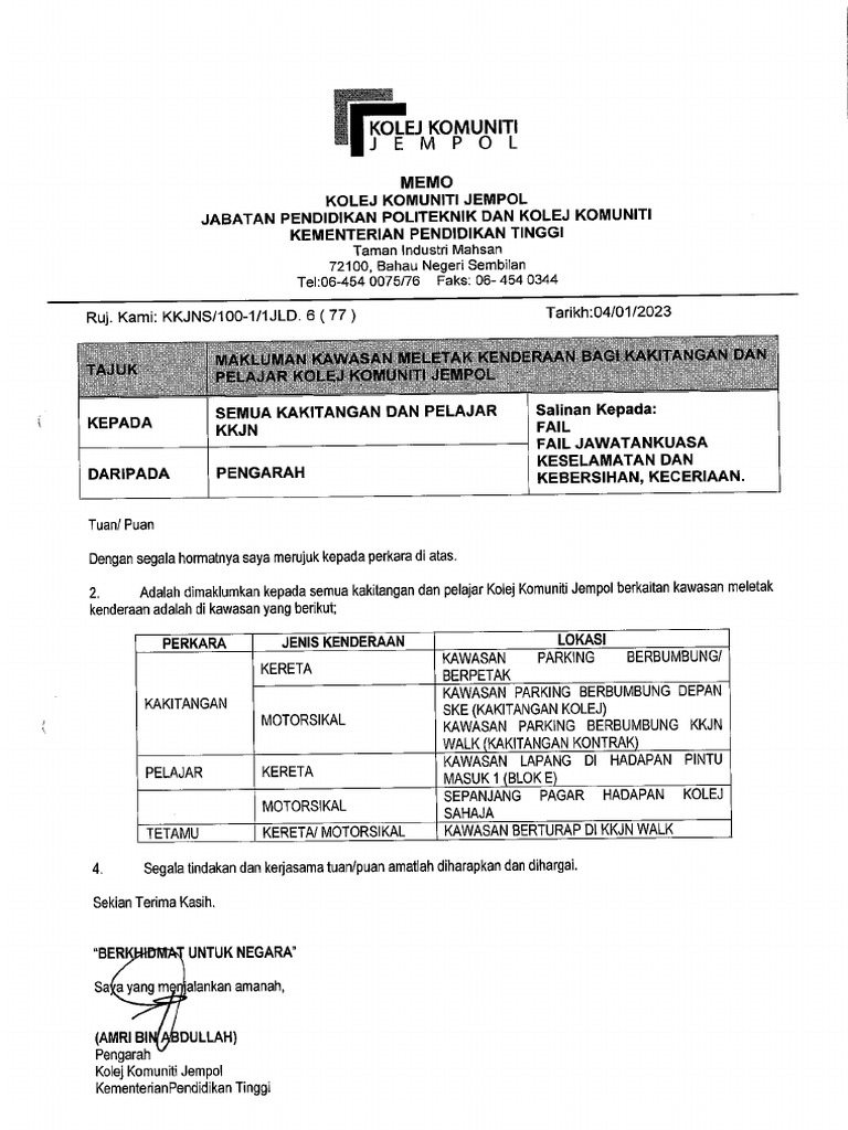 Memo Meletak Kenderaan KKJNS | PDF