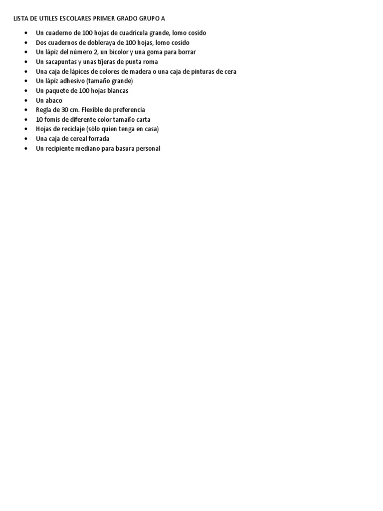 Lista de útiles escolares para el primer grado, grupo A PDF Lápiz
