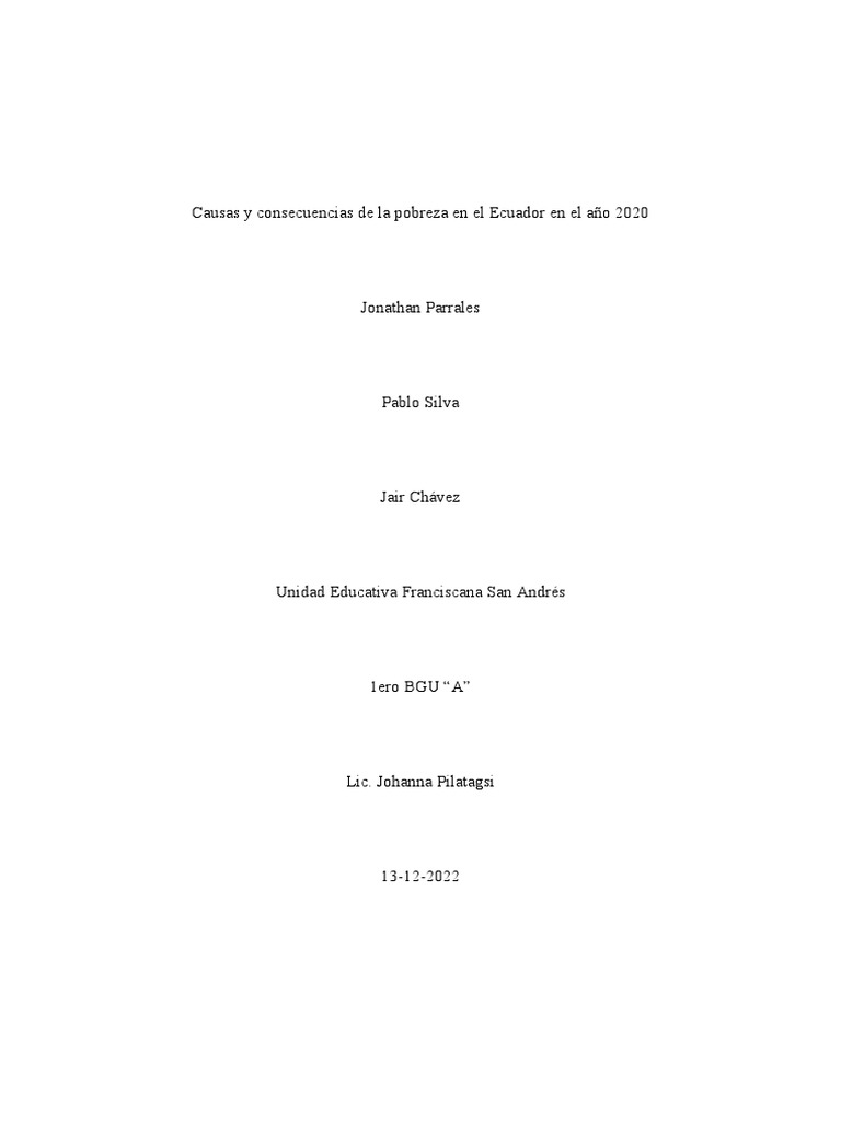 Causas y Consecuencias de La Pobreza en El Ecuador en El Año 2020 | PDF ...
