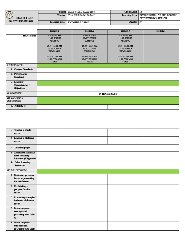 DLL IPHP 12 Q2 Wk1 M. Yna Jessica Oct 3-7 | PDF | Learning | Teachers