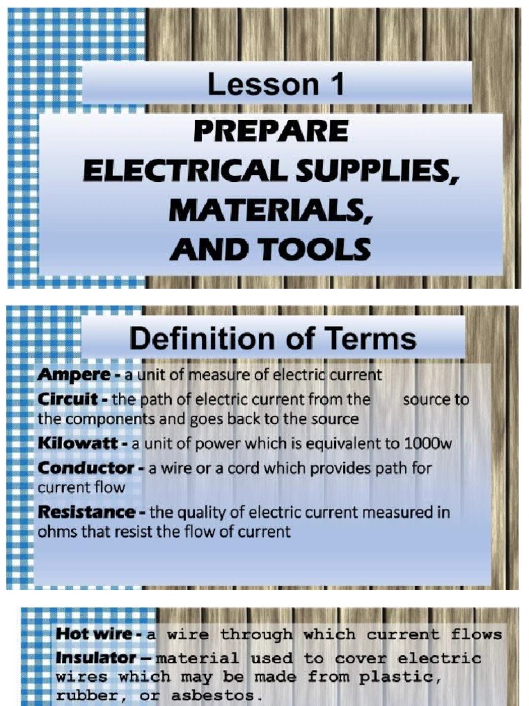 Lesson 1 Lo1 Eim Identify Electrical Supplies Materials and Tools PDF