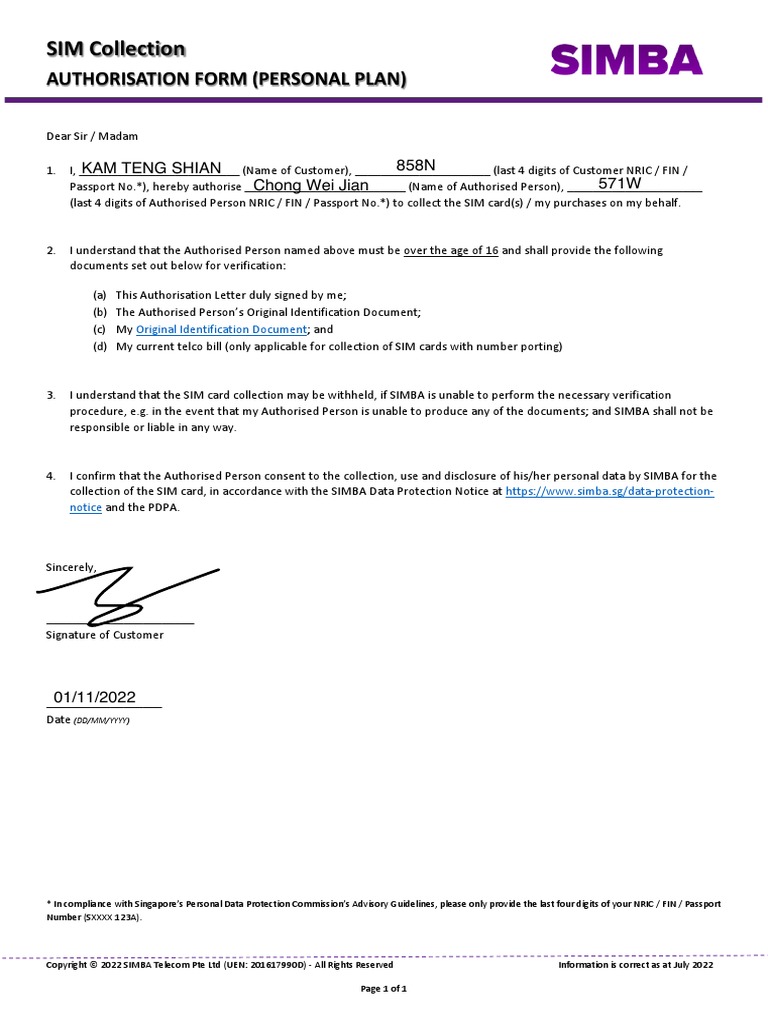 SIM Collection: Authorisation Form (Personal Plan) | PDF