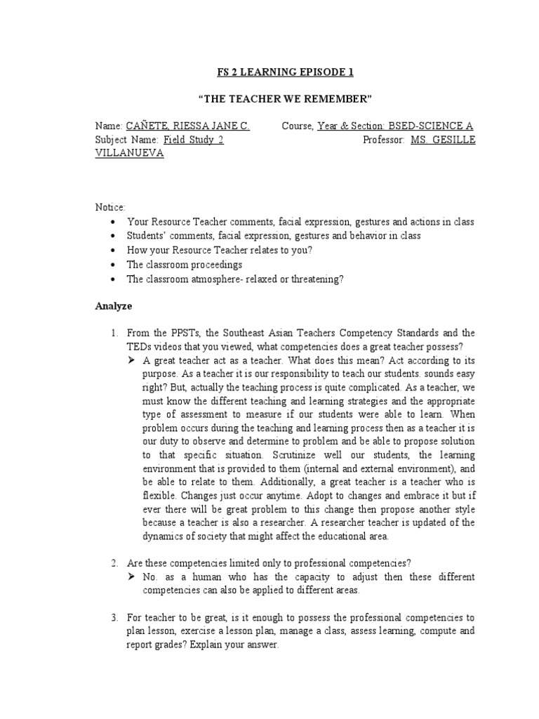 FS2 Episode 1: Teacher Reflection Guide | PDF | Teachers | Teaching Method