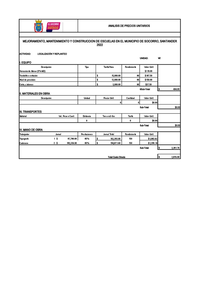 Análisis de Precios Unitarios 2022 | PDF | Salario | Hormigón