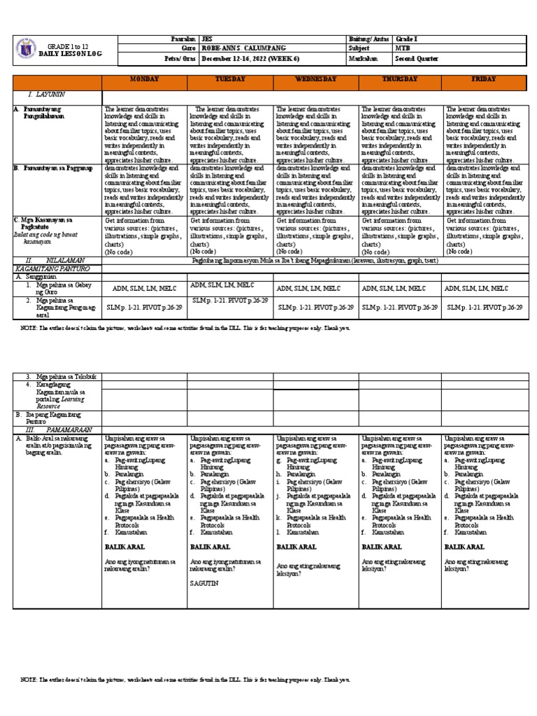 Weekly Lesson Plans for Grade 1 Mother Tongue Class PDF Vocabulary