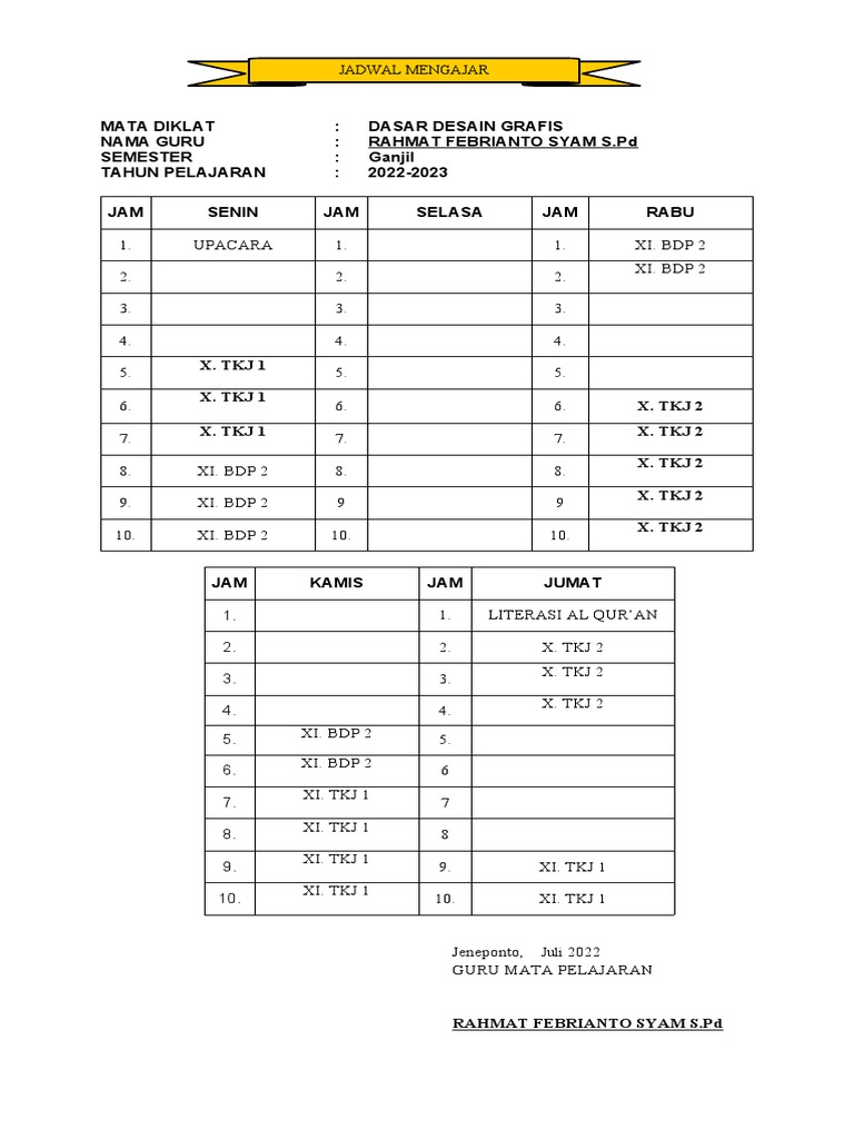 Jadwal Roster Mengajar 2022-2023 | PDF