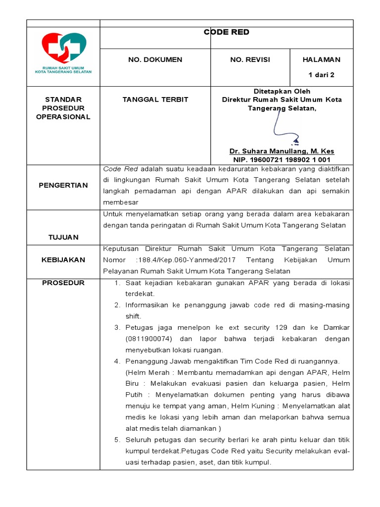 Prosedur Code Red Kebakaran RSU Tangerang | PDF