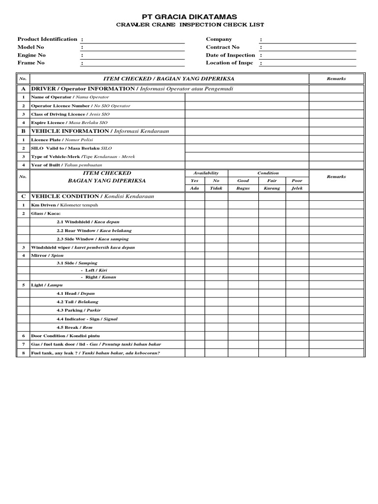 Gracia EWP Crane Inspection Checklist | PDF | Automotive Technologies ...
